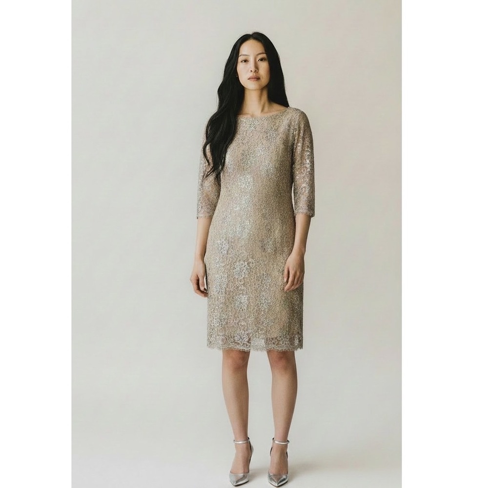 Calvin Klein Lace Sheath Dress sz 8 Champagne‎ Silver Metallic sheath cocktail
